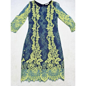 ERIN Erin Fetherston Dress Sz 8 Teal W/ Myer Lemon Lace Lined Sheath Romantic
